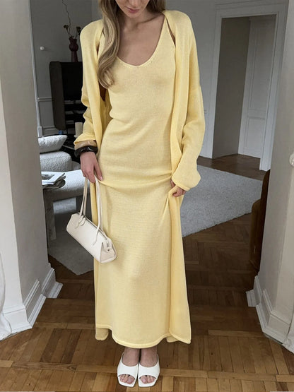 V-Neck Knit Dress and Cardigan Sweater Set - Tigbul's Variety Fashion Shop
