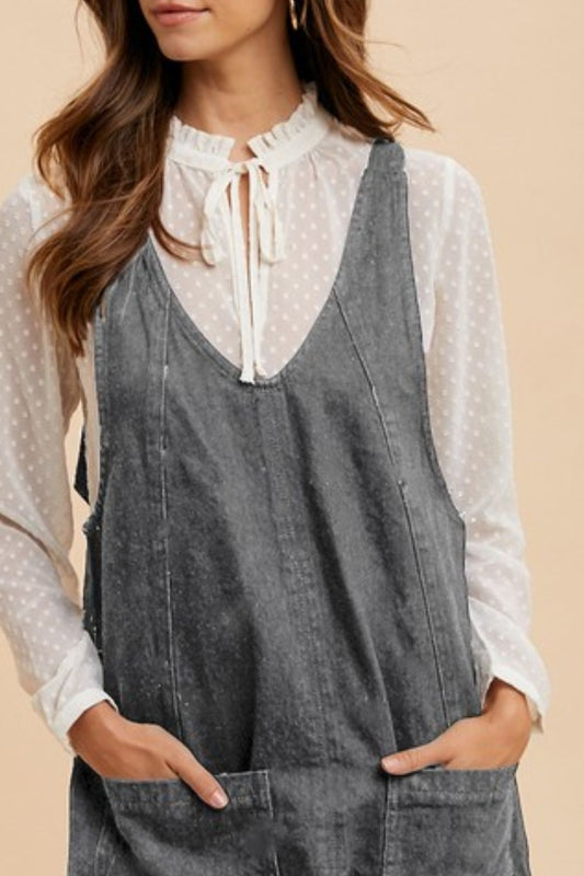 Charcoal Gray V-Neck Adjustable Strap Denim Overall Dress with Pockets - Tigbul's Variety Fashion Shop