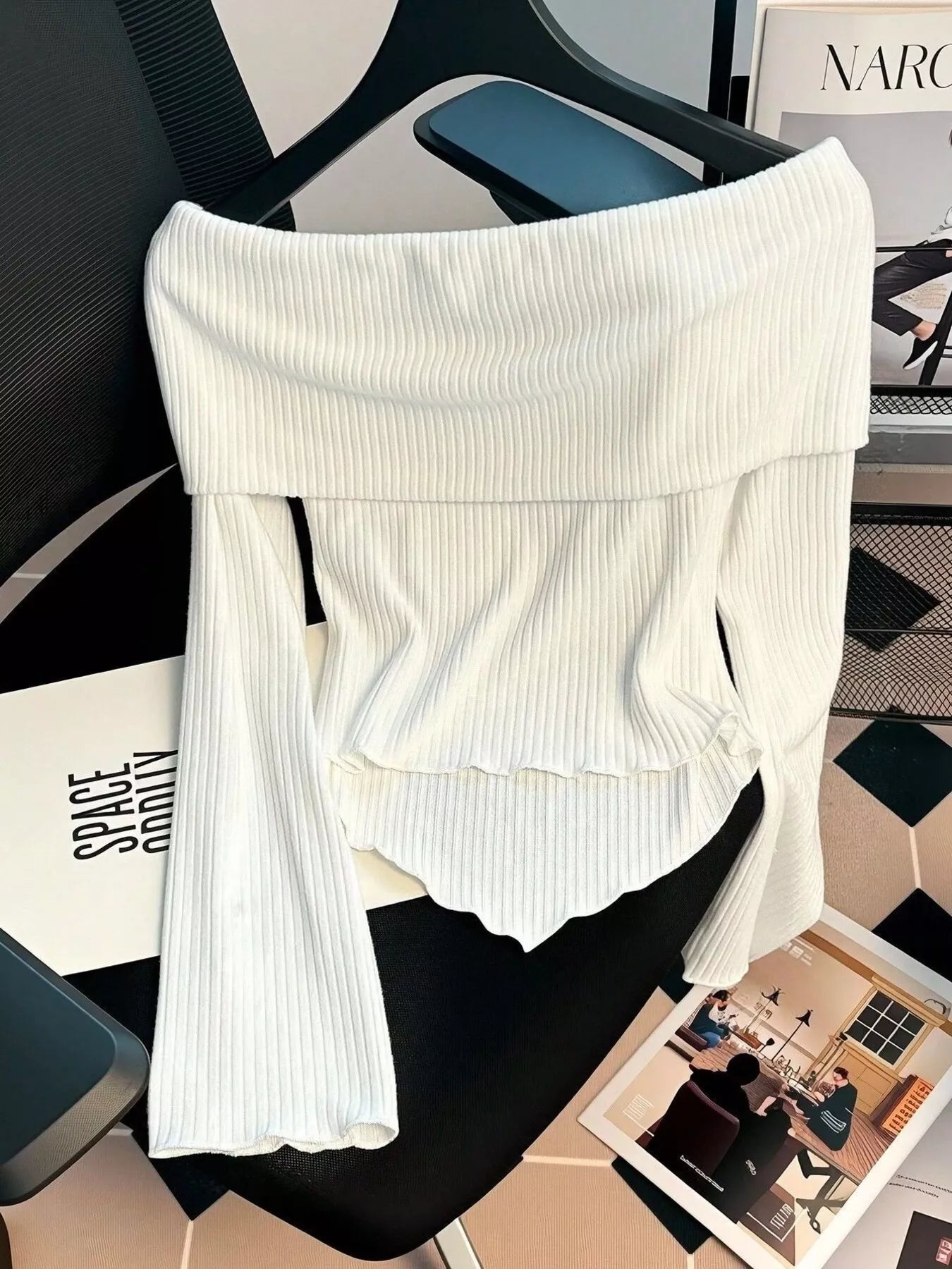 Off-Shoulder Bowknot Ribbed Knit T-Shirt - Tigbul's Variety Fashion Shop