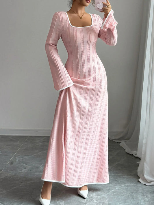 Textured Square Neck Long Sleeve Maxi Dress - Tigbul's Variety Fashion Shop