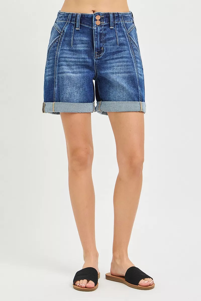 Dark blue roll-up denim shorts with high waist, seamed front and cuffed hem