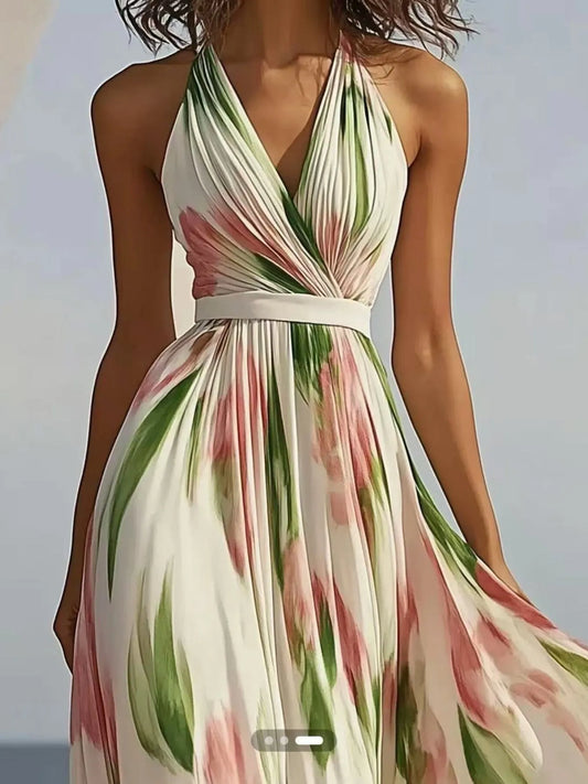 Floral Print Halter Neck Maxi Dress - Tigbul's Variety Fashion Shop