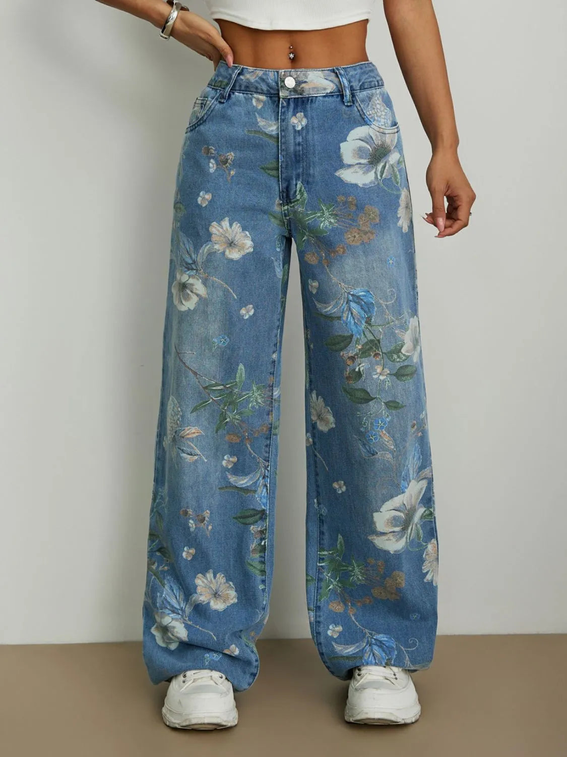 Light Blue Printed Wide Leg Jeans - Tigbul's Variety Fashion Shop