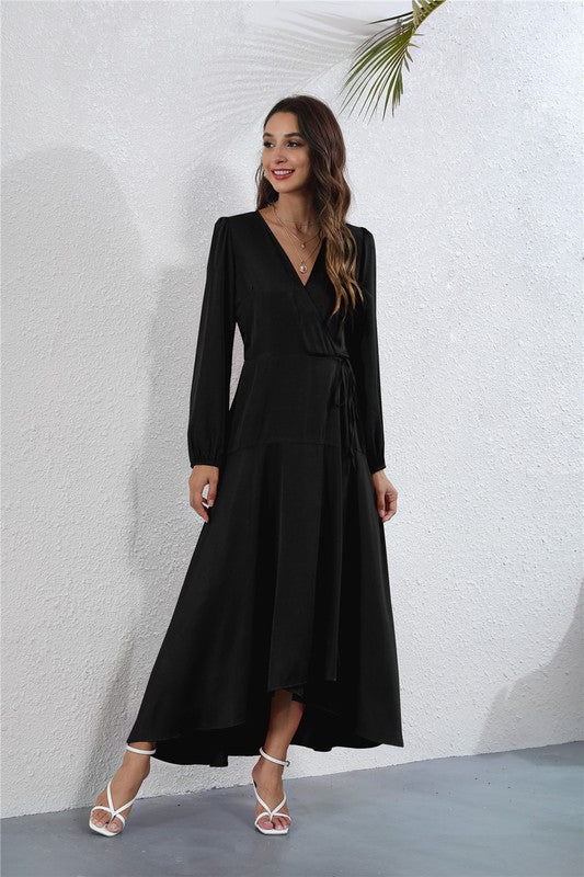 Women's V Neck Long Sleeve Maxi Dress - Tigbul's Variety Fashion Shop