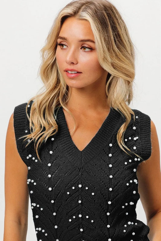 Black Chevron Pointelle Pearl Knit Top - Tigbul's Variety Fashion Shop
