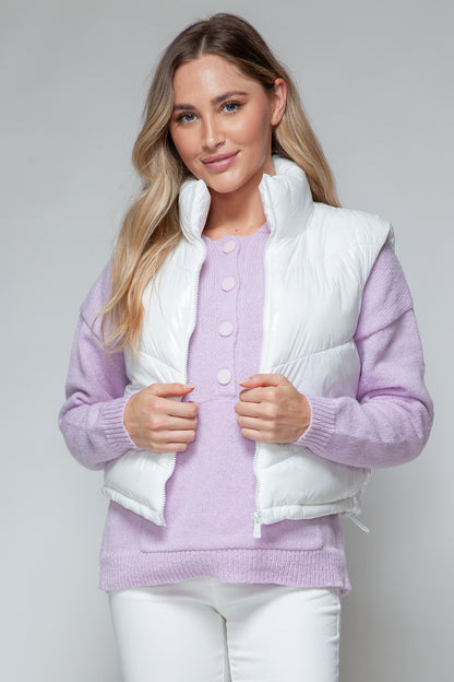 White Zip Up Turtleneck Shiny Quilted Vest - Tigbul's Variety Fashion Shop