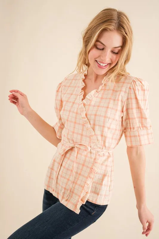 Plaid Patterned and Ruffled Wrap Blouse Top - Tigbul's Variety Fashion Shop