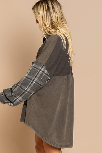 Long Sleeve With Plaid Detail Sleeve Shacket - Tigbul's Variety Fashion Shop