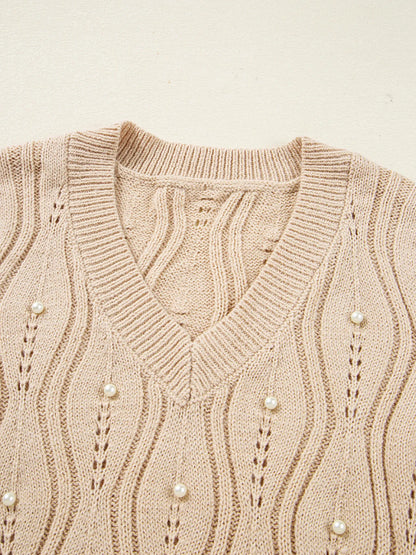 Pearl Beaded Pointelle Knit V Neck Lace Patchwork Sleeve Sweater - Tigbul's Variety Fashion Shop