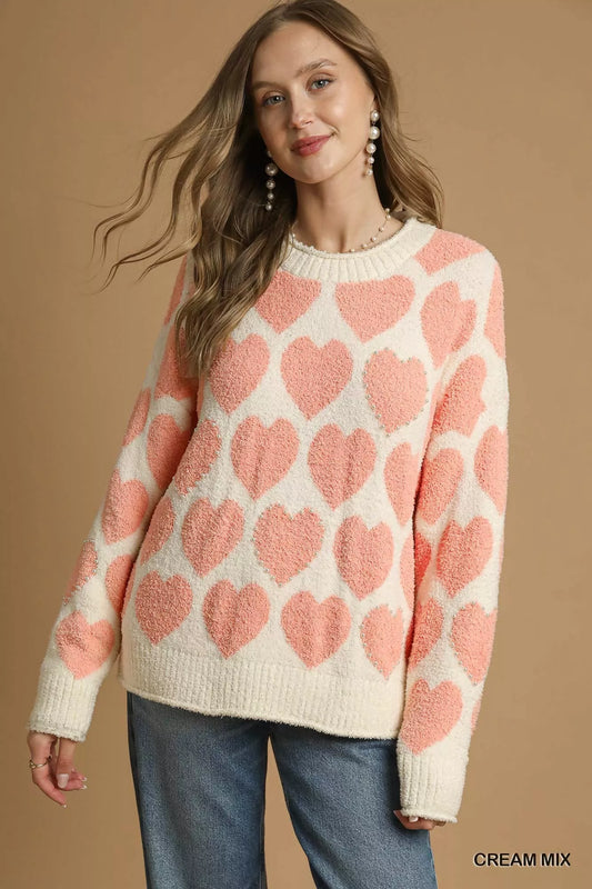 Cream Mix Color Heart Pattern Pearl Accent Sweater - Tigbul's Variety Fashion Shop