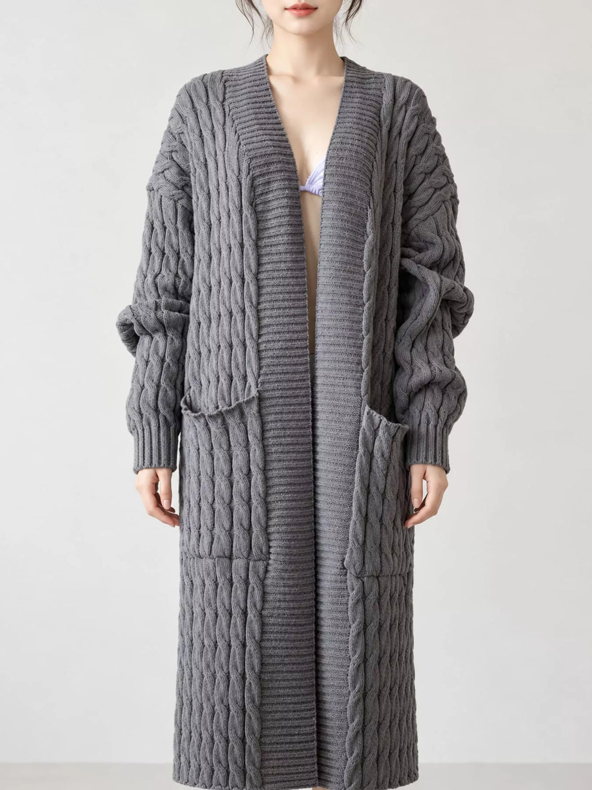 Elegant Cable-Knit Longline Open-Front Cardigan | Tigbuls Variety