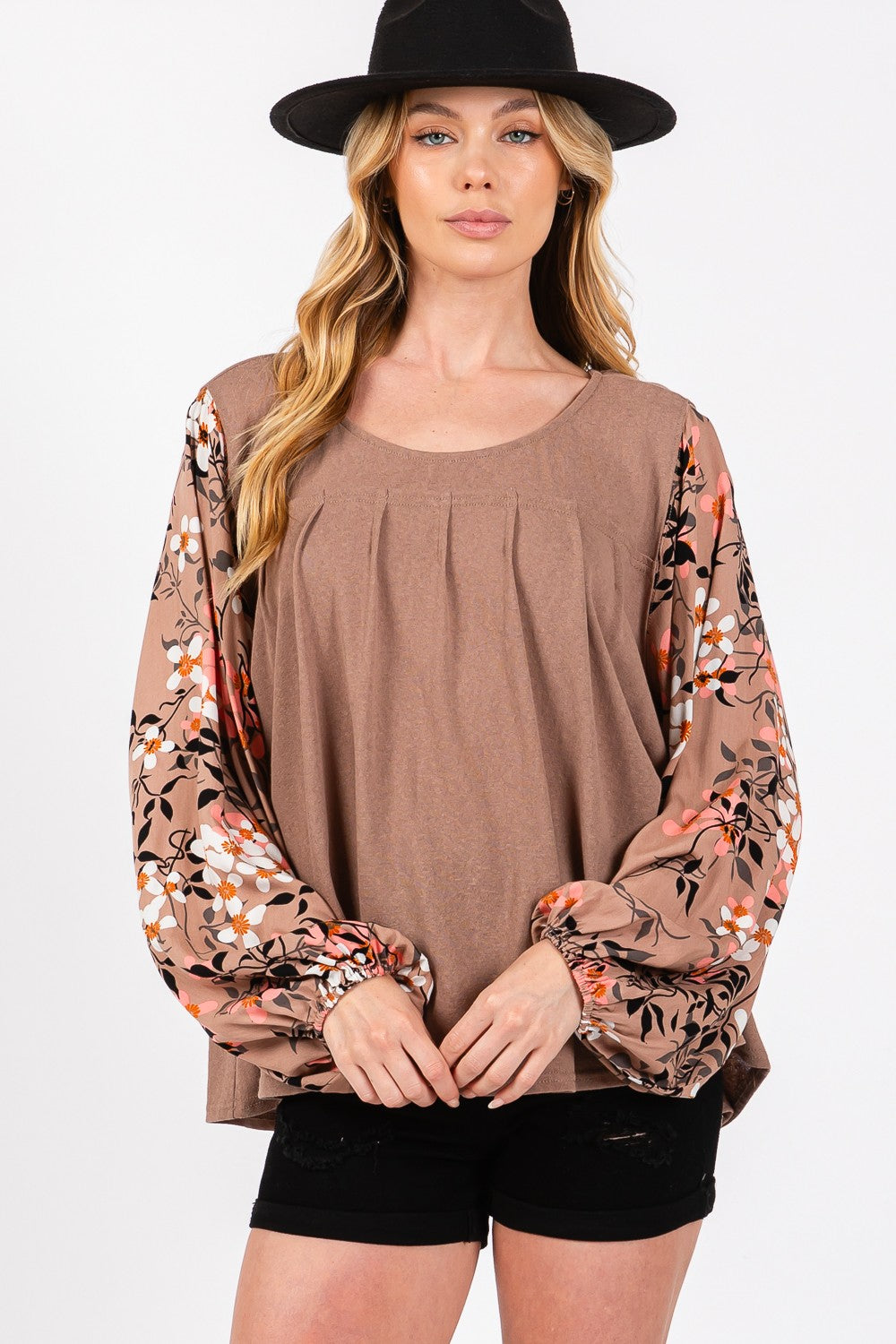 SAGE + FIG Floral Long Sleeve Front Pleated Detail Blouse - Tigbul's Variety Fashion Shop