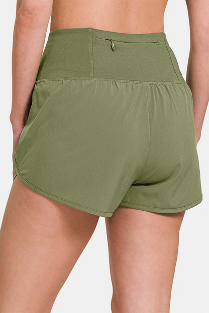 Green High-Waisted Zippered Back Pocket Active Shorts - Tigbul's Variety Fashion Shop