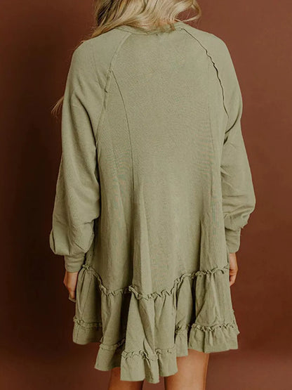 Frill Round Neck Long Sleeve Mini Dress - Tigbul's Variety Fashion Shop