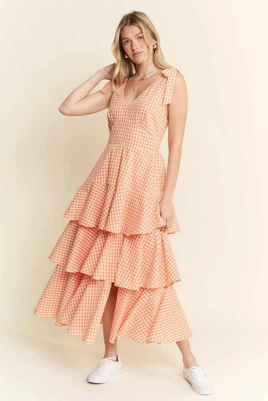 Orange Sleeveless Gingham Print Tiered Midi Dress - Tigbul's Variety Fashion Shop