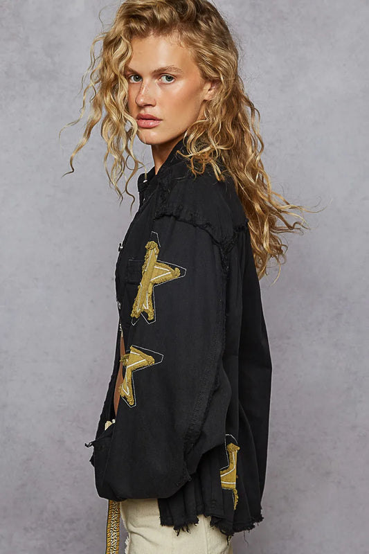 POL Star Patch Raw Hem Button Up Denim Jacket - Tigbul's Variety Fashion Shop