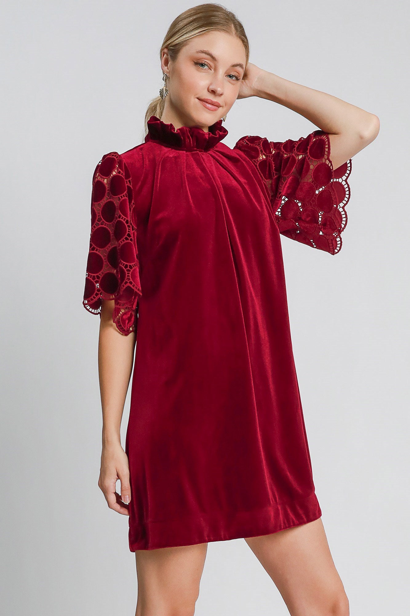 Umgee Dotted Lace Half Sleeve Mock Neck Back Tie Velvet Dress - Tigbul's Variety Fashion Shop