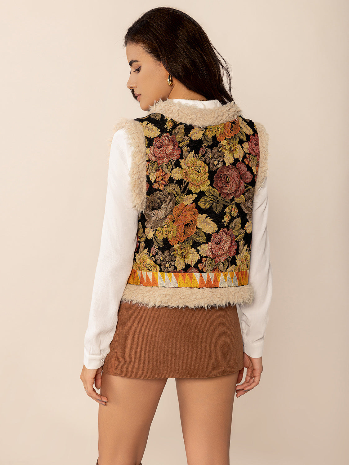 Embroidered Fuzzy Trim Open Front Vest Coat - Tigbul's Variety Fashion Shop