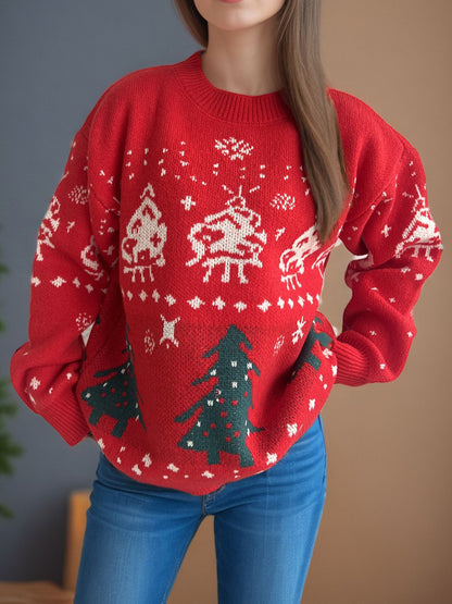 Christmas Element Round Neck Long Sleeve Sweater - Tigbul's Variety Fashion Shop