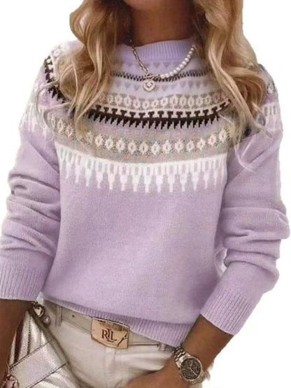 Full Size Vintage Patterned Round Neck Sweater Plus Size - Tigbul's Variety Fashion Shop