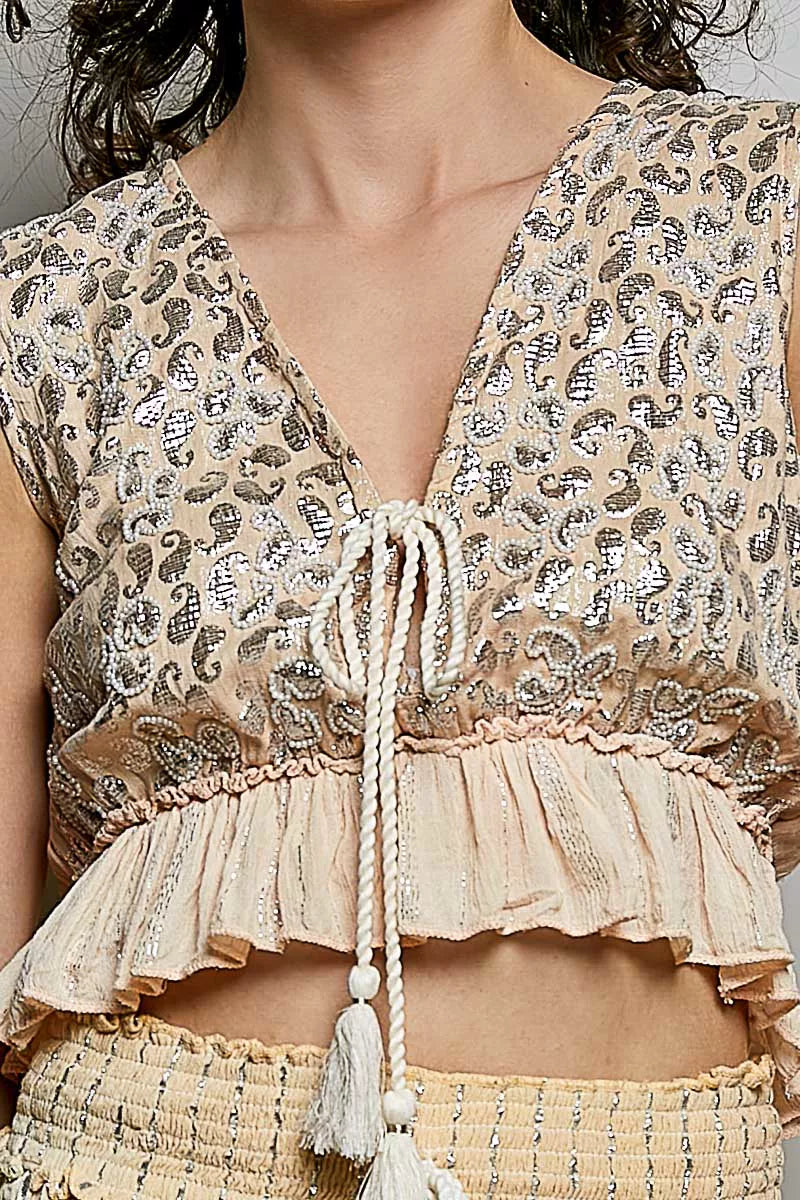 POL Shimmer Pattern Tie Front Tassel Ruffle Hem Sleeveless Crop Top | Tigbuls