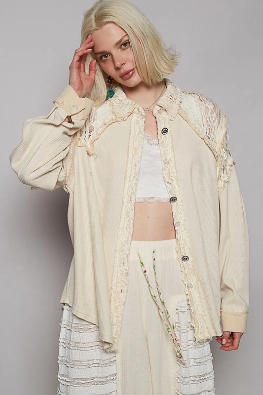 POL Lace Patchwork Button Up Shacket - Tigbul's Variety Fashion Shop