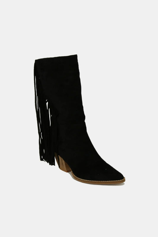 Black Faux Suede Fringe Point Toe Boots | Tigbuls Variety