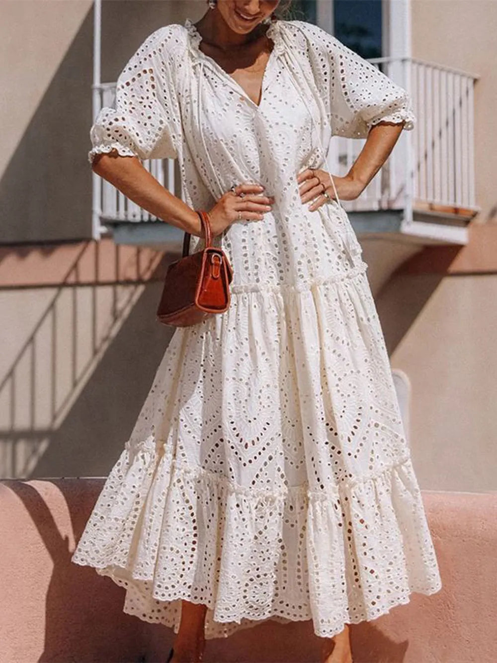 Tie Neck Half Sleeve Tiered Dress - Tigbul's Variety Fashion Shop