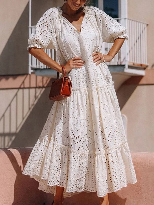 Tie Neck Half Sleeve Tiered Dress - Tigbul's Variety Fashion Shop