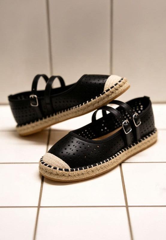 Black woven dual buckle sandals with perforated design, double straps, espadrille platform sole