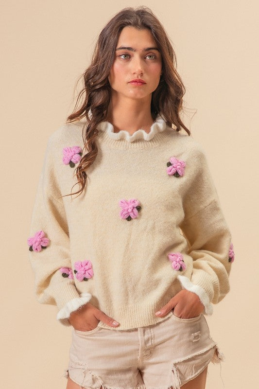 BiBi Ruffled Crochet Flower Dropped Shoulder Sweater