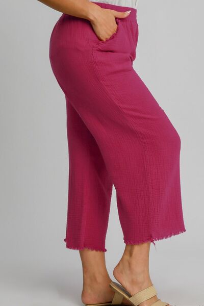 Deep Rose Raw Hem Elastic Waist Wide Leg Pants - Tigbul's Variety Fashion Shop