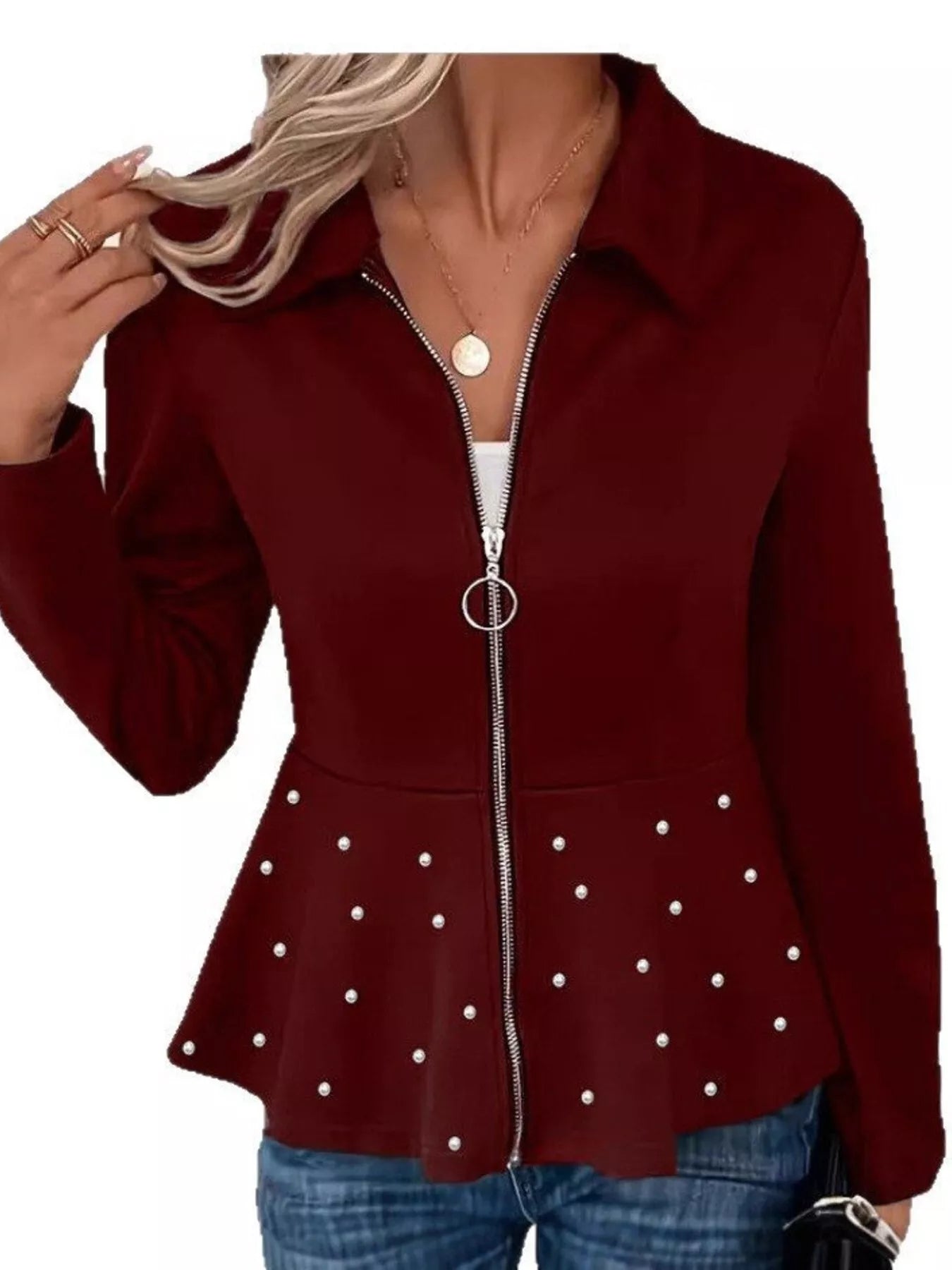 Pearl Embellished Zip-Up Peplum Outerwear - Tigbul's Variety Fashion Shop