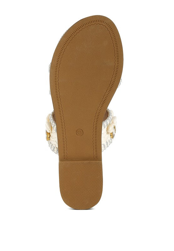 Seashell Raffia Slip on Flat Sandals - Tigbul's Variety Fashion Shop