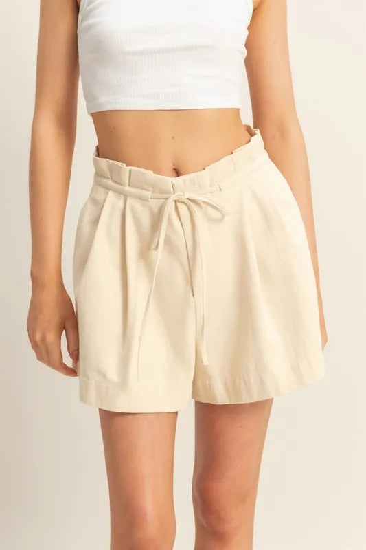 Beige High-Waisted Washed Twill Paperbag Shorts - Tigbul's Variety Fashion Shop