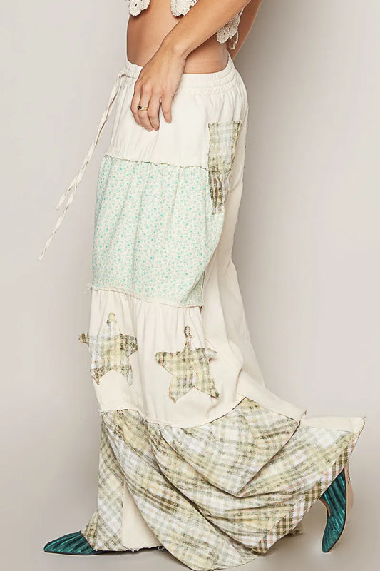 POL Drawstring Star Patch Contrast Wide Leg Pants - Tigbul's Variety Fashion Shop