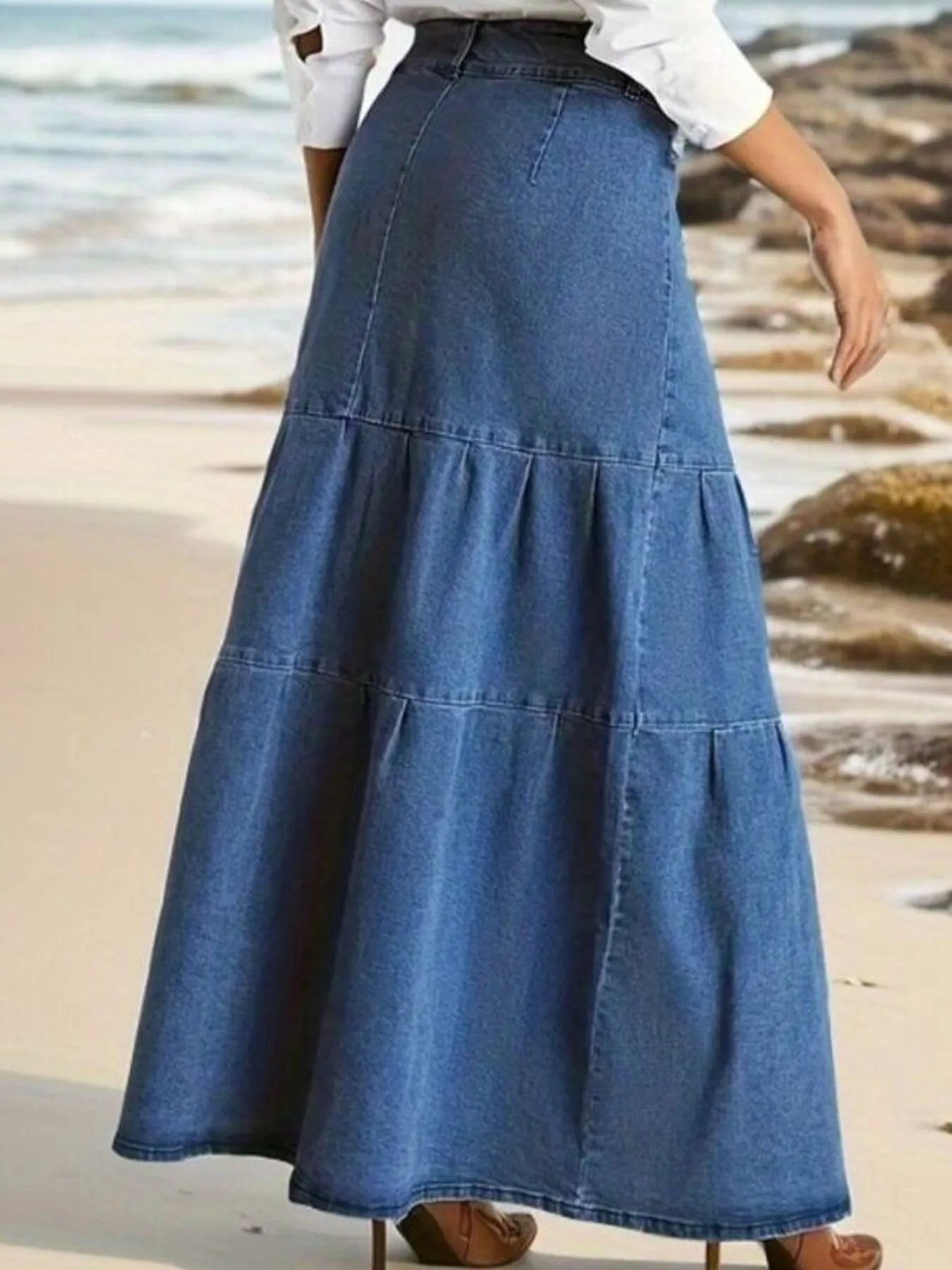Tiered Maxi Denim Skirt with Zipper Detail - Tigbul's Variety Fashion Shop