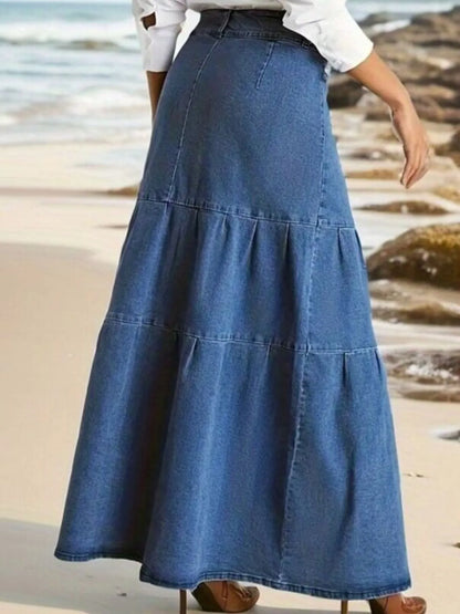 Tiered Maxi Denim Skirt with Zipper Detail - Tigbul's Variety Fashion Shop