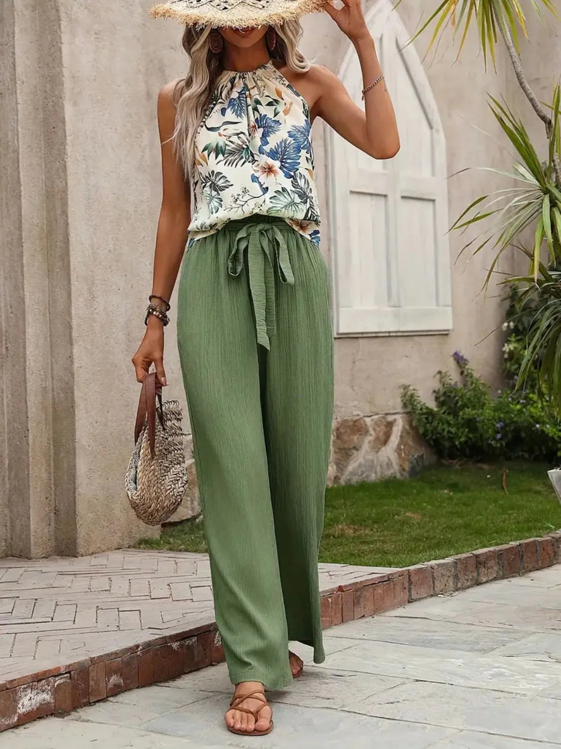 Printed Tank Top and Wide Leg Pants Set - Tigbul's Variety Fashion Shop