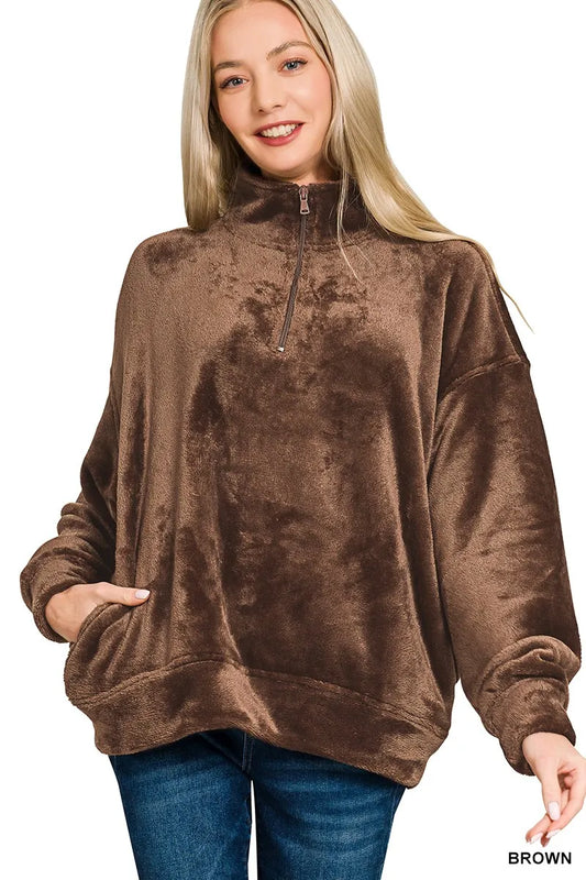 Zenana Faux Fur Half Zip Pocket Pullover - Tigbul's Variety Fashion Shop