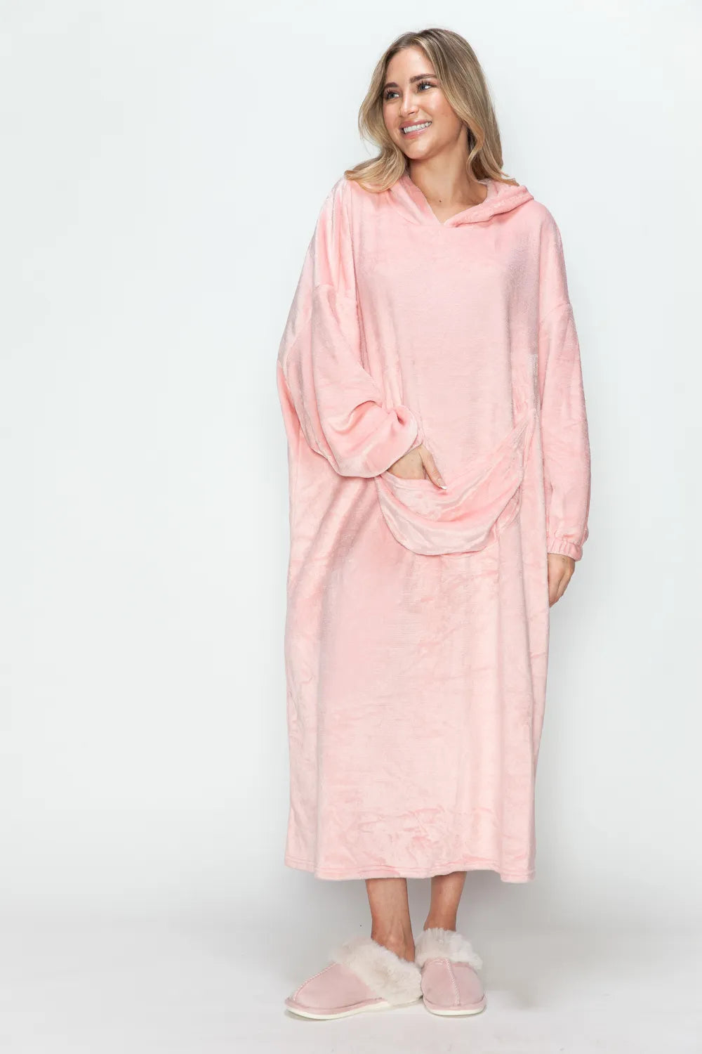 Dusty pink hooded midi lounge dress with front pocket detail and hood up