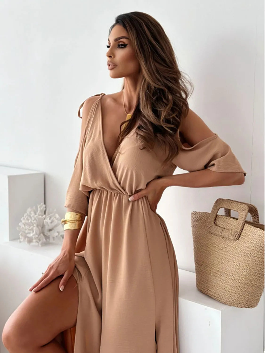 Tied Shoulder Slit Maxi Dress - Tigbul's Variety Fashion Shop