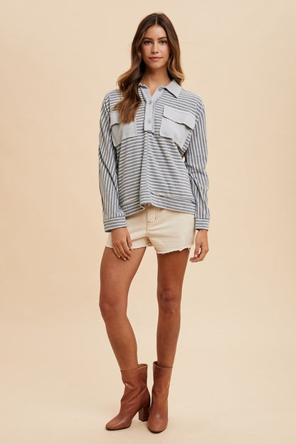 Annie Wear Striped Button Detail Long Sleeve Polo Top - Tigbul's Variety Fashion Shop