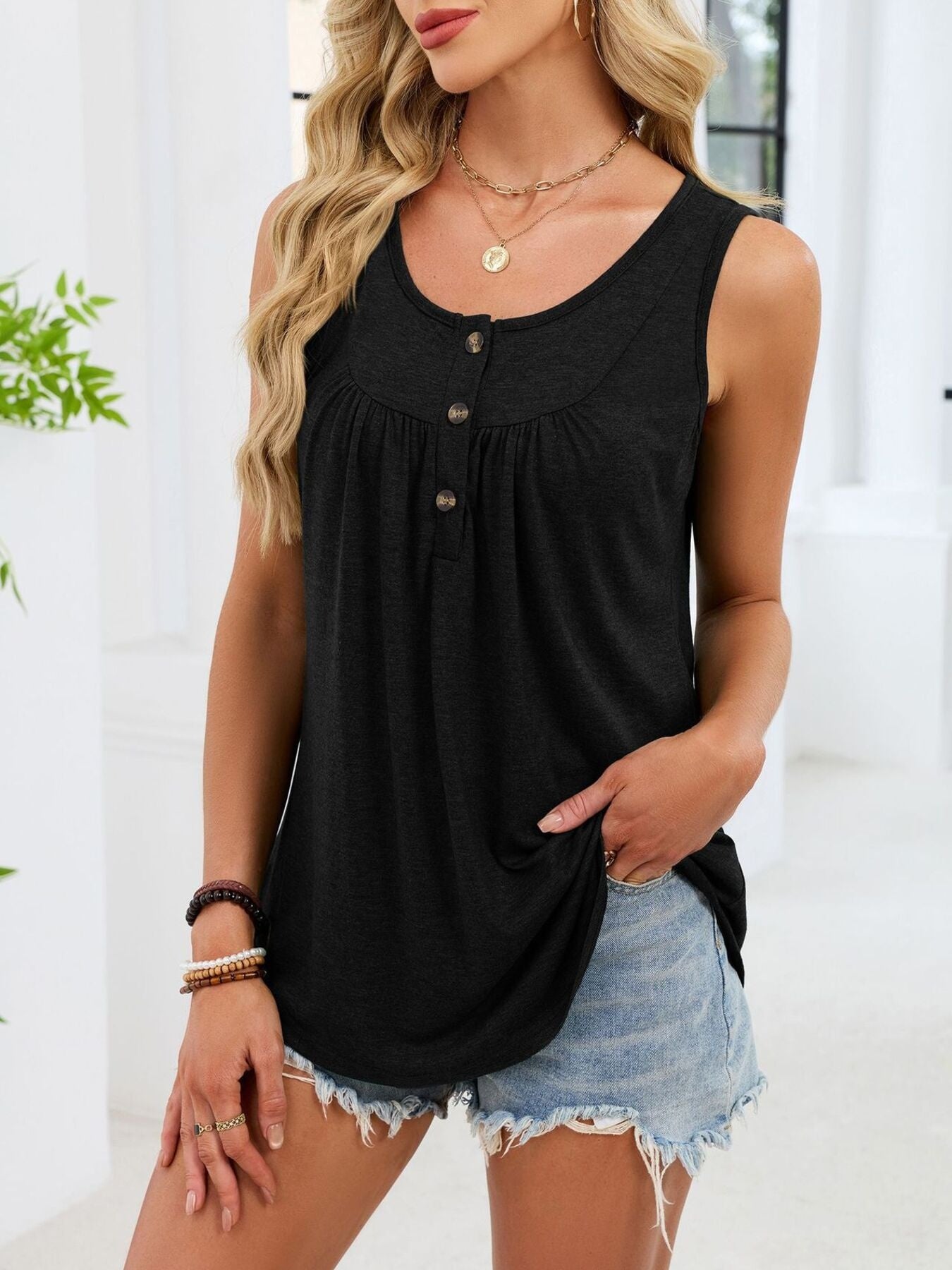 Black button-detail round-neck tank with gathered yoke and front button placket