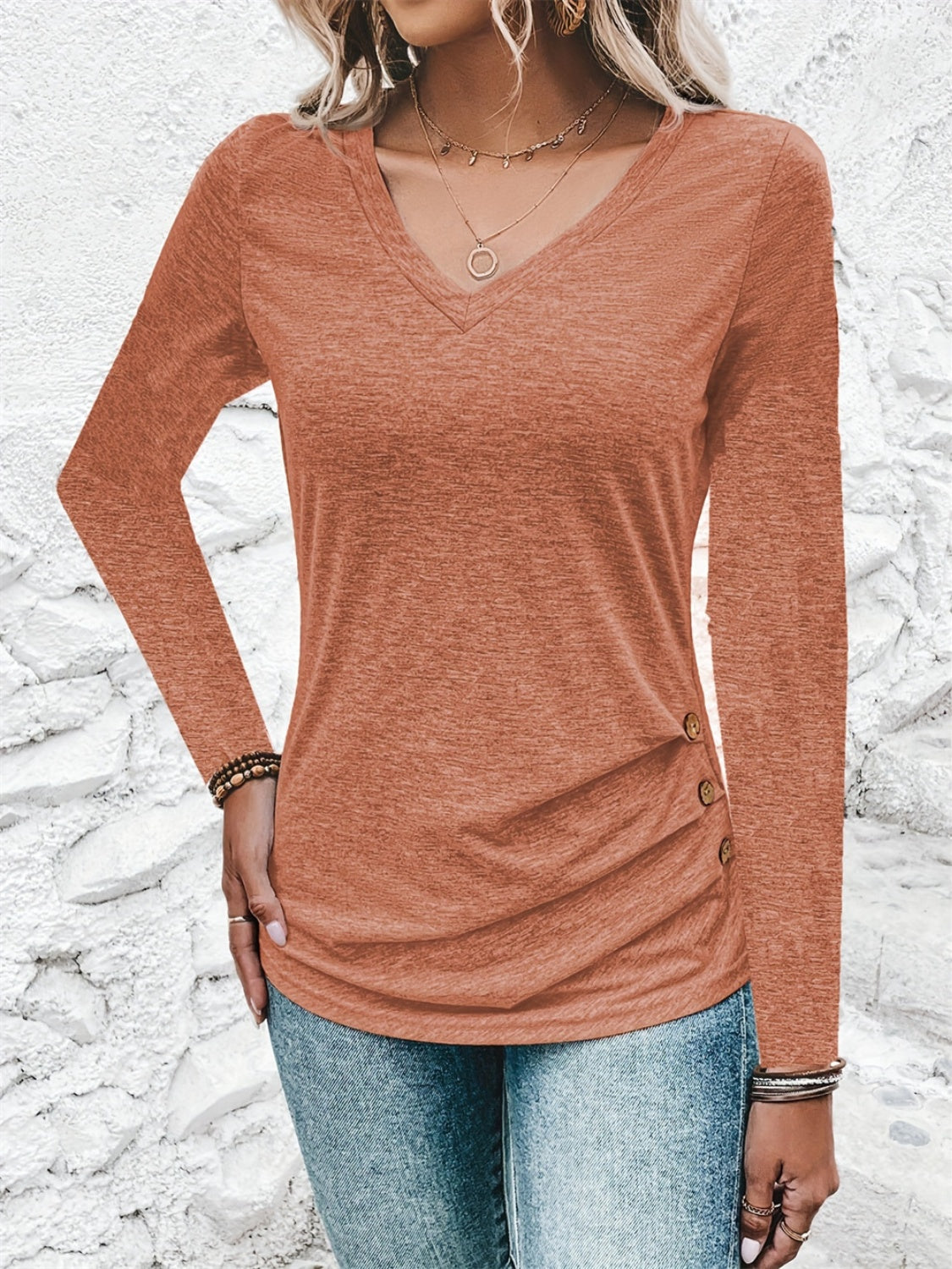 Heathered V-Neck Long Sleeve T-Shirt - Tigbul's Variety Fashion Shop