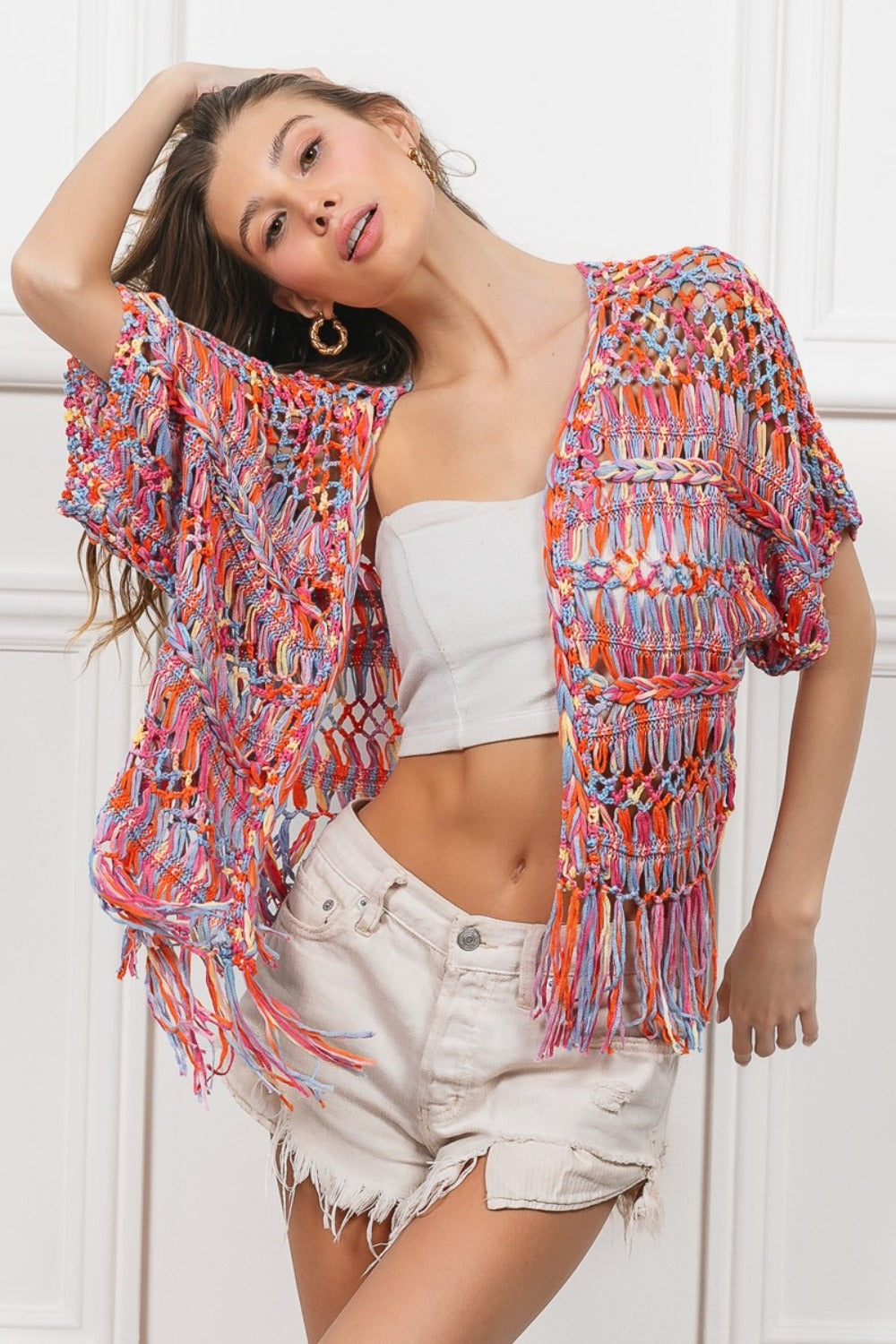 BiBi Open Front Fringed Crop Knit Cardigan - Tigbul's Variety Fashion Shop