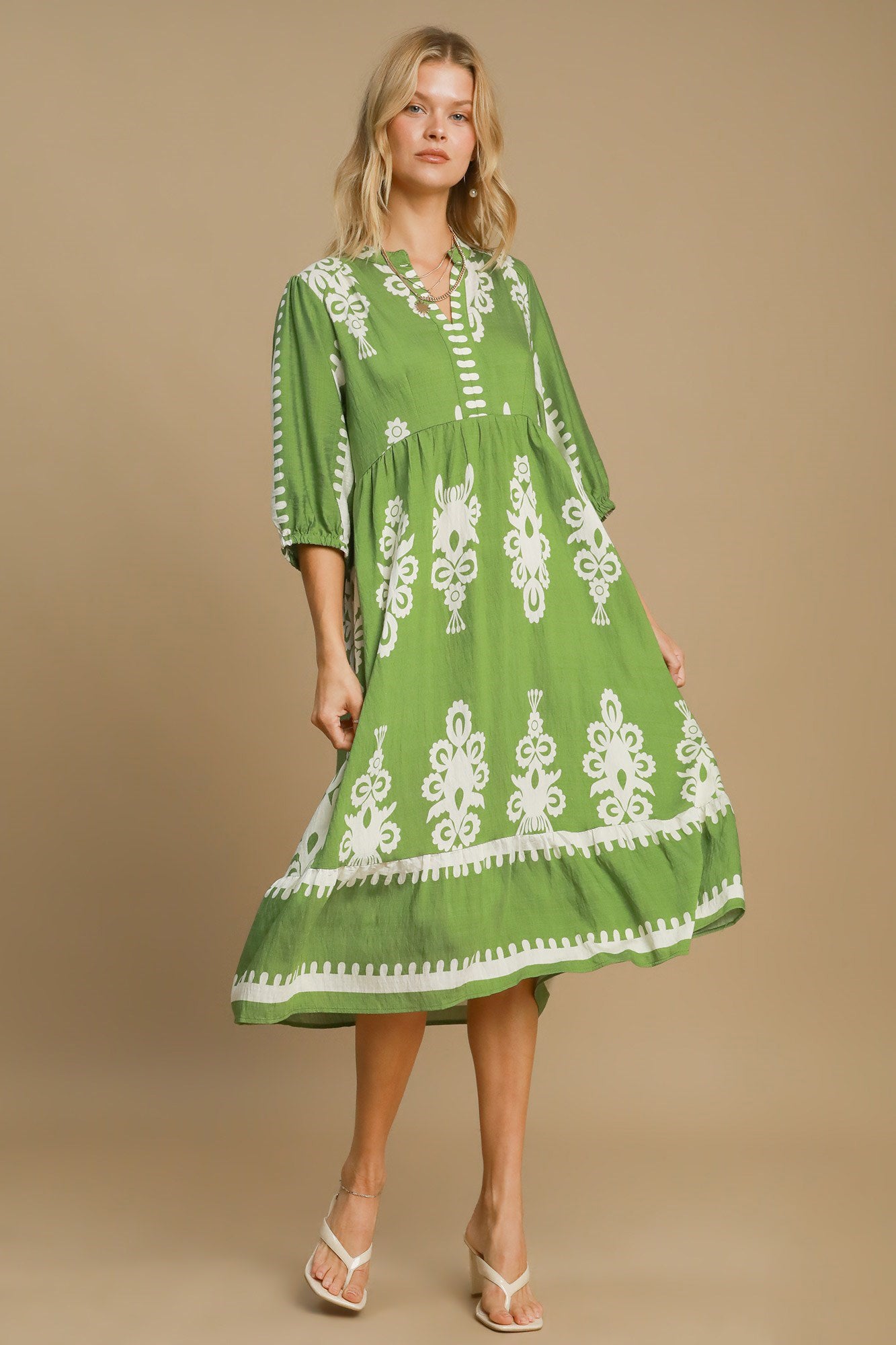 Umgee Printed Notched Midi Dress - Tigbul's Variety Fashion Shop