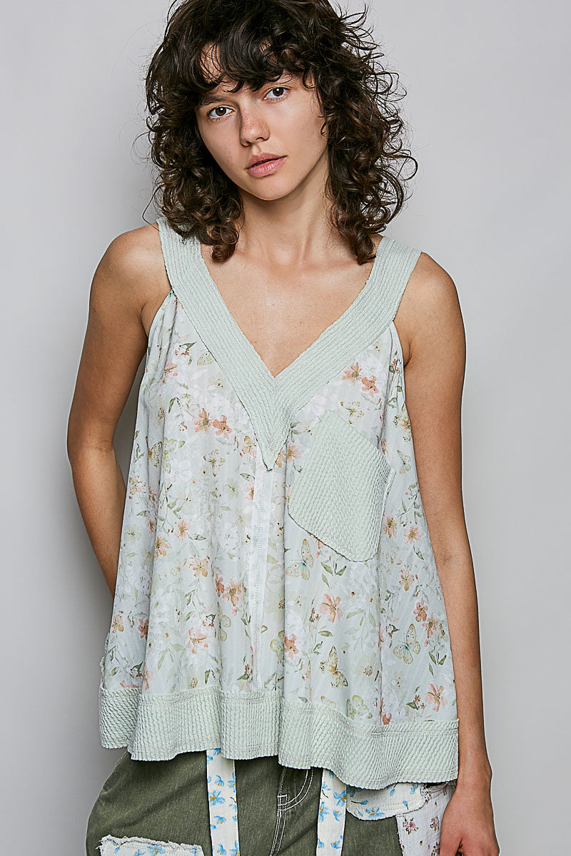 Floral V-neck tank with front patch pocket, sage multi print
