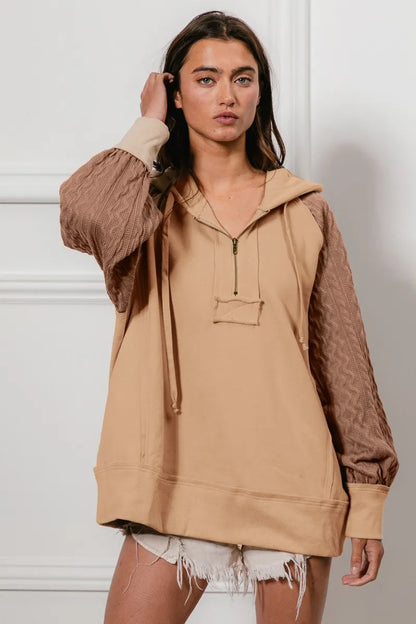 BiBi Half Zip French Terry Hoodie with Kint Sleeves - Tigbul's Variety Fashion Shop