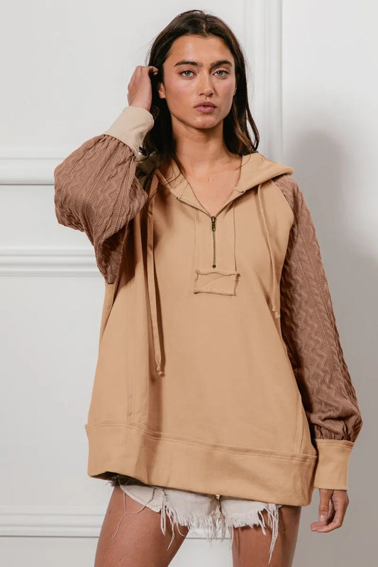 BiBi Half Zip French Terry Hoodie with Kint Sleeves - Tigbul's Variety Fashion Shop